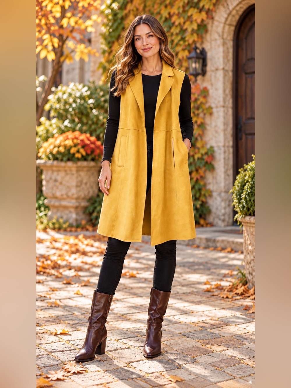 Tahari Large Faux Suede Golden Mustard Sleeveless Long Vest with pockets-NWOT